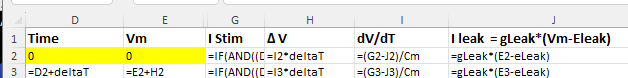 Excel spreadsheet formulae for passive membrane
